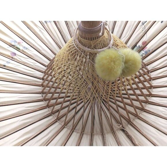 2) Antique Japanese Umbrella Bamboo Rice Paper & Silk Tassles Painted Tree Bird - Picture 8 of 16